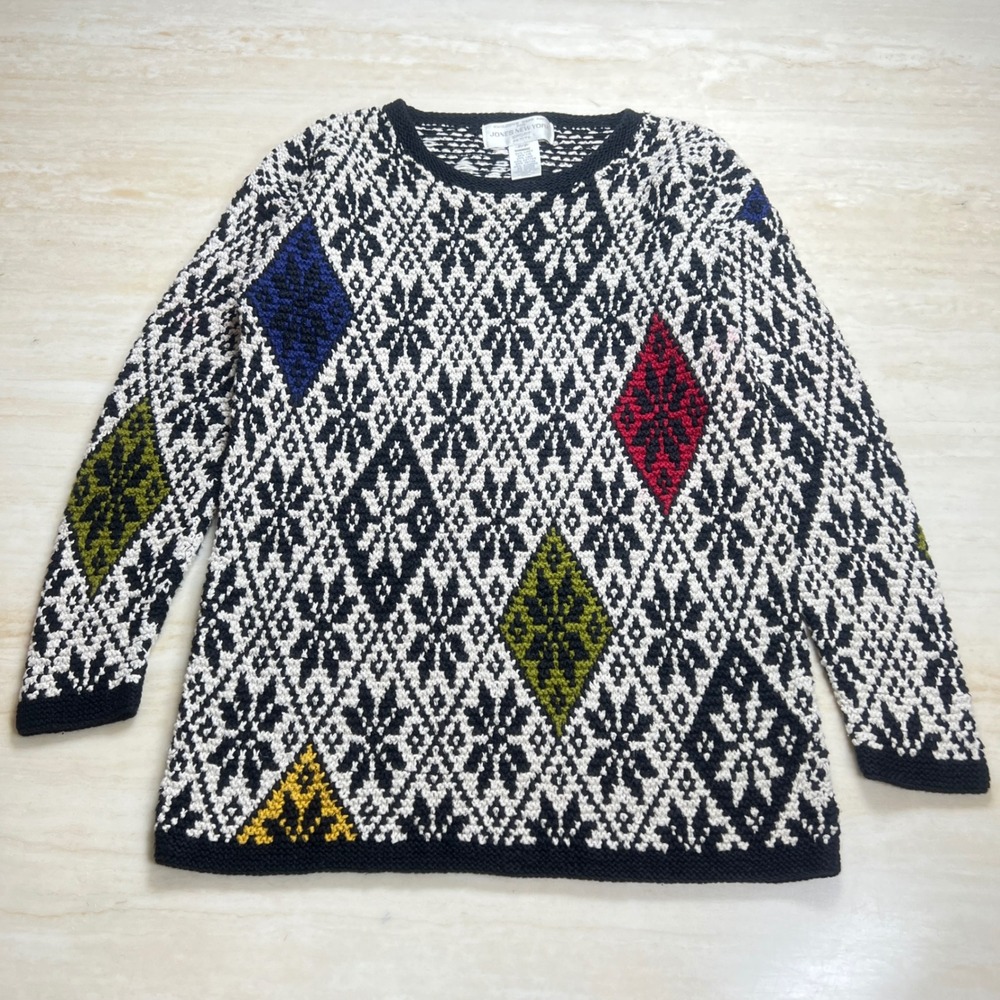 Jones New York Sport Petite Hand Knit Sweater Colorful Diamond Pattern Small - Picture 10 of 10